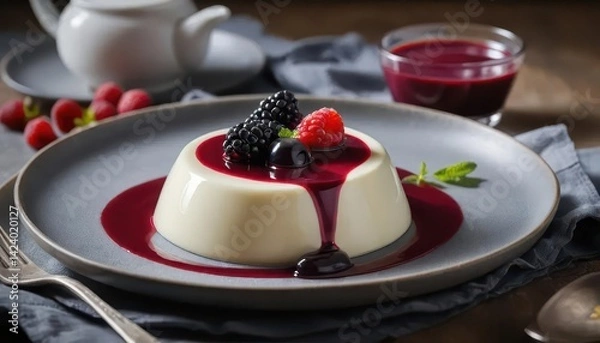 Fototapeta Creamy dessert with berry sauce and fresh fruits on elegant plate