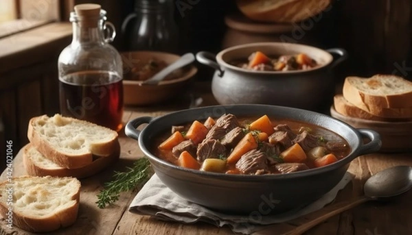 Fototapeta Delicious Beef Stew with Carrots and Potatoes in Rustic Setting