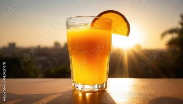 Fototapeta Refreshing Orange Juice Drink at Sunset with Citrus Slice