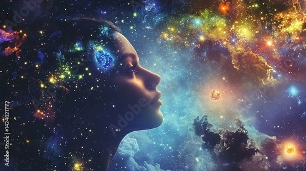 Fototapeta Woman with universe background is feeling spiritual energy and connecting with cosmos