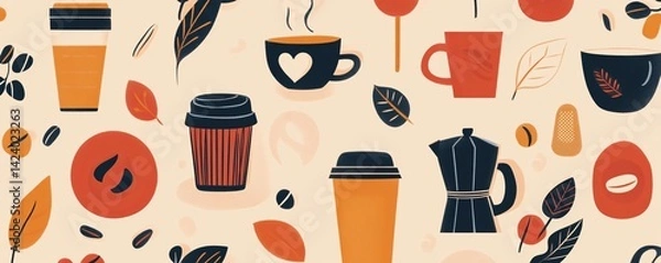 Obraz Seamless pattern of autumn hot beverages with coffee beans and leaves on a light brown background