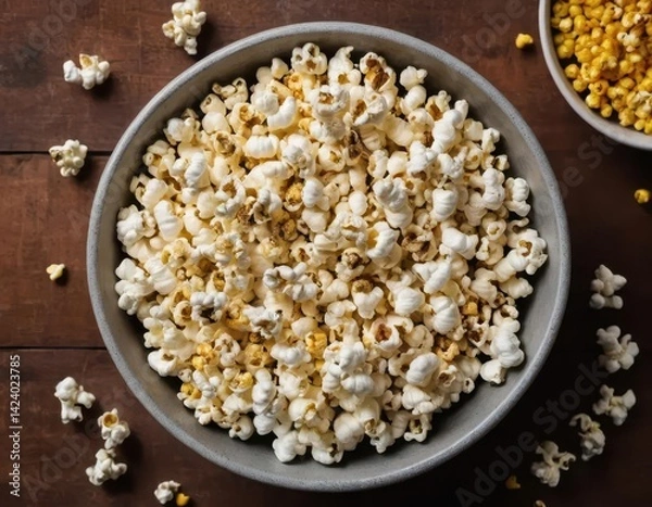 Fototapeta Freshly Popped Popcorn in Gray Bowl on Wooden Table Background