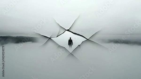 Fototapeta A solitary figure emerges from the mist, symbolizing introspection and solitude.