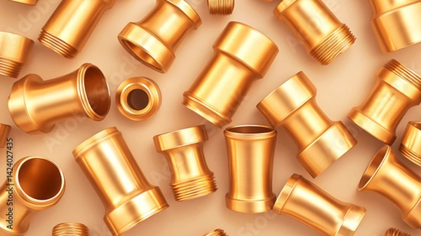 Fototapeta Multiple shiny brass pipe fittings, including couplings and threaded connectors on beige background. Ideal for illustrating plumbing, industrial components, and hardware design.