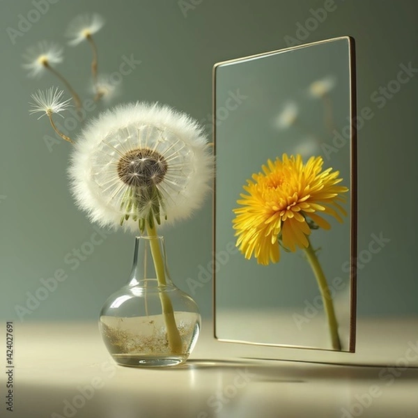 Fototapeta A dandelion seed head in a glass vase is placed beside a mirror that reflects a vibrant yellow dandelion bloom