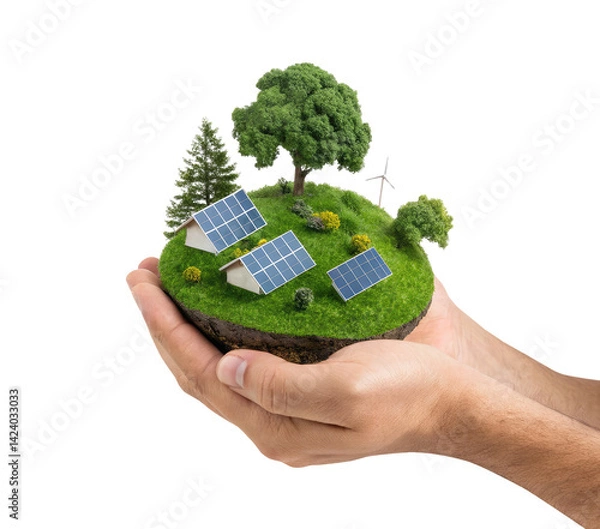 Obraz A green land with solar panels in a man's hand on a transparent background png renewable energy concept