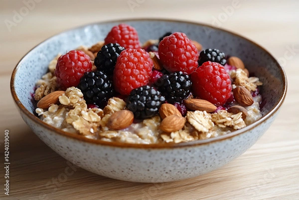 Fototapeta oatmeal bowl with berries and nuts on a wooden table (wellness),