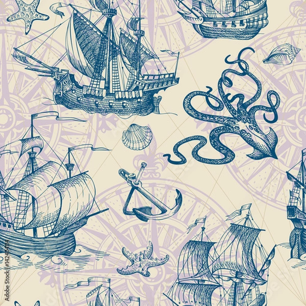Fototapeta Old caravel, vintage sailboat, sea monster. Vector seamless pattern