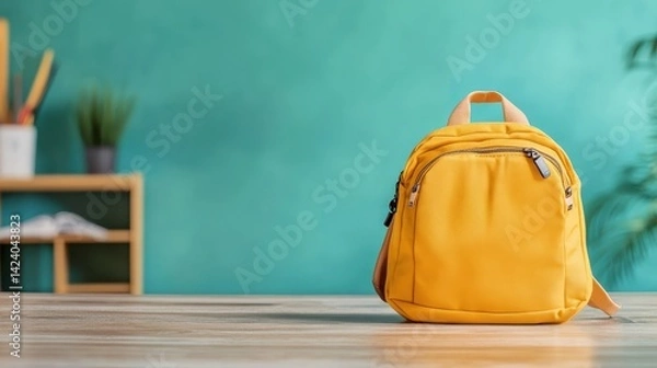 Fototapeta A cheerful yellow backpack is positioned on a table, complemented by a turquoise backdrop, reflecting a playful atmosphere and ideas of travel, adventure, and exploration.