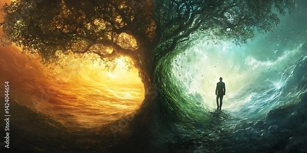 Fototapeta Man with Tree, Dual Worlds, and Nature.