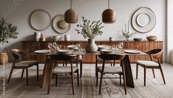 Obraz Minimalist dining with neutral plates and polished wood grains
