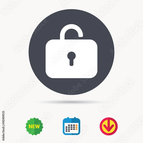 Fototapeta Lock icon. Privacy locker sign. Private access symbol. Calendar, download arrow and new tag signs. Colored flat web icons. Vector