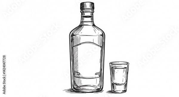 Obraz Bottle and Shot Glass Sketch Illustration on White Background