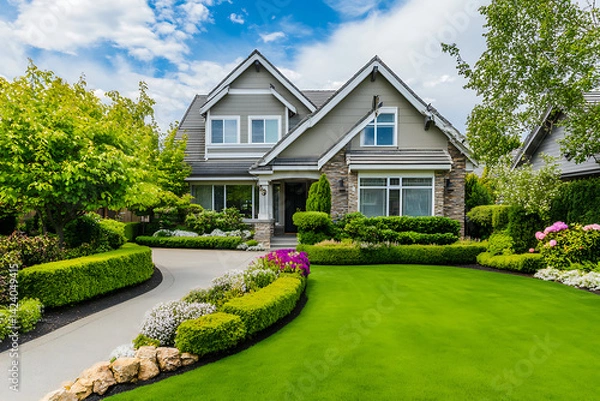 Fototapeta Photograph of an American home with perfectly manicured landscaping, green grass, and well-tended hedges in the front yard, high-resolution.