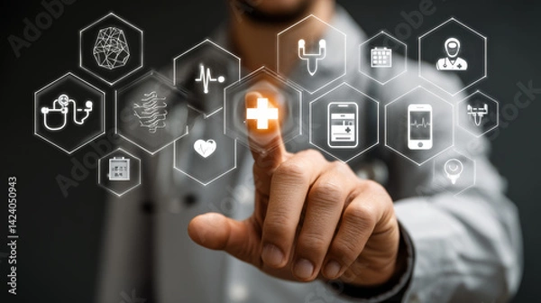 Fototapeta healthcare_hand_touching_virtual_graphical_interface