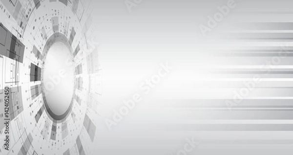 Obraz Abstract grey high-tech background consisting of circles and other technological elements. Digital communication, data protection, futuristic presentation, scientific cover.
