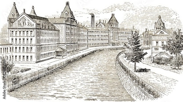 Fototapeta European Canal Scene Black and White Architectural Sketch