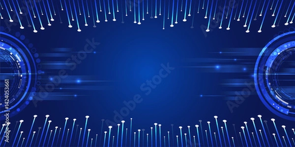 Obraz Modern abstract technology background with glowing lines, circular patterns and motion effects on blue background. Conceptual design for topics related to innovation, information technology, big data