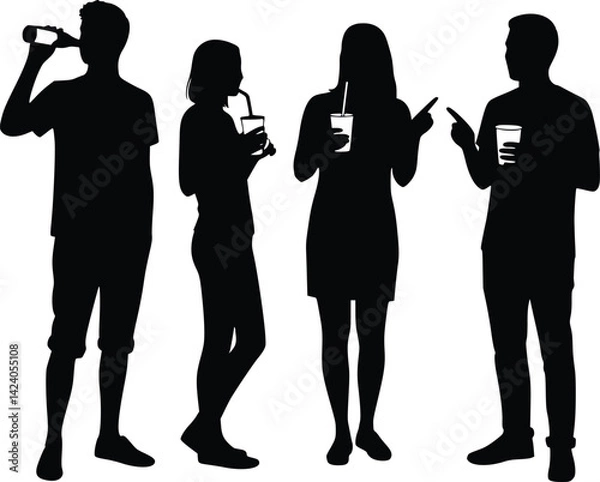 Fototapeta Black and white silhouette of four people holding drinks in different poses, including sipping from bottles and cups with straws