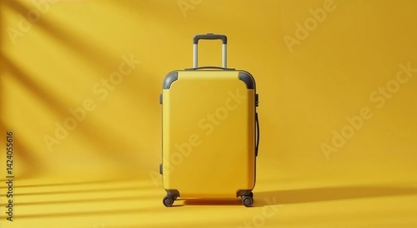 Fototapeta A yellow suitcase is positioned against a matching yellow background, creating a cohesive and vibrant visual.
