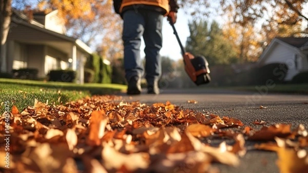 Fototapeta Gardener is using a leaf blower to clean up fallen leaves on a quiet, suburban street in autumn