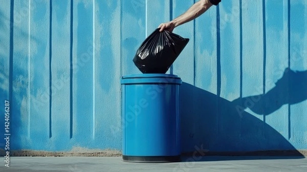 Obraz hand holding garbage bag and putting in to trashcan outdoor 