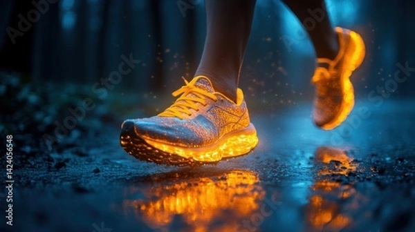 Obraz Running through a rainy forest trail at dusk with glowing sneakers enhancing visibility and style