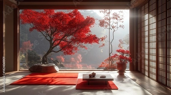 Fototapeta Minimalist Japanese room featuring tatami mats, low table, and potted tree with red leaves  