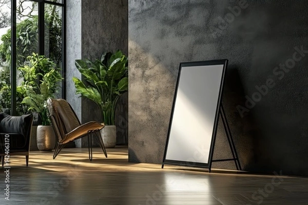 Obraz big photo frame stand on floor in modern light room
