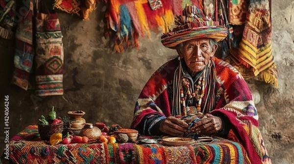 Obraz Indigenous craftswoman is sitting at her work table making handicrafts with her hands
