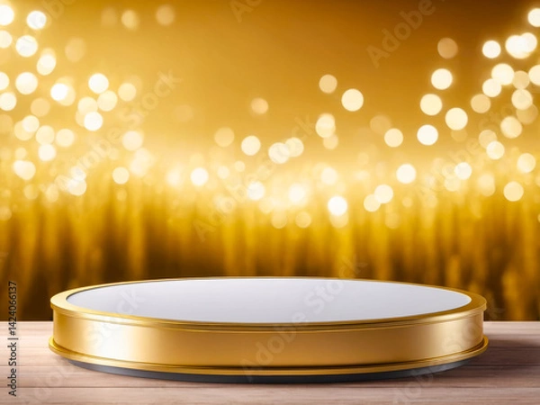 Obraz Gold Pedestal on Wooden Surface with Bokeh Background