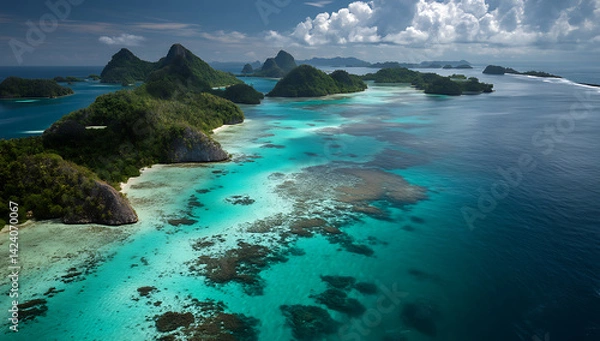 Fototapeta Aerial View of a Pristine Tropical Island with Turquoise Waters