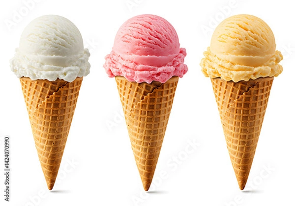 Fototapeta Delicious ice cream cones with strawberry, vanilla and lemon flavors isolated on white background.