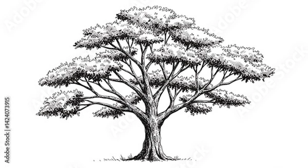 Obraz Drawing of Deciduous Tree with Detailed Branches and Foliage