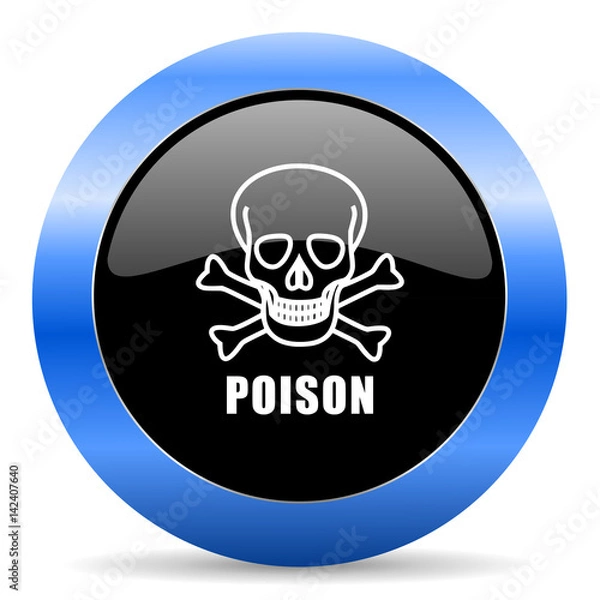 Fototapeta Poison skull black and blue web design round internet icon with shadow on white background.