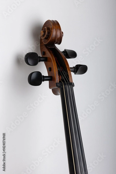 Fototapeta High-detail close-up of a classical cello’s fingerboard and tuning pegs captured on a white background. This image focuses on the upper section of the instrument, highlighting the craftsmanship of the