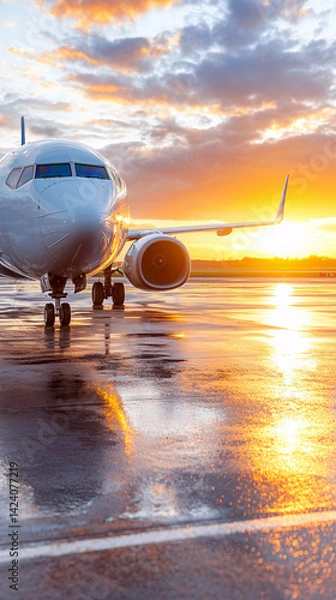 Obraz Dramatic airplane view on wet runway at sunset