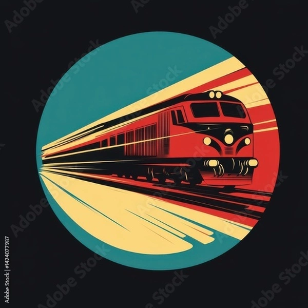 Fototapeta Retro-styled red locomotive speeding through dynamic abstract background