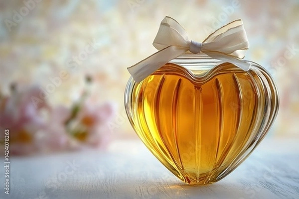 Fototapeta A glass jar of honey, shaped like a heart, with a delicate ribbon tied around the lid