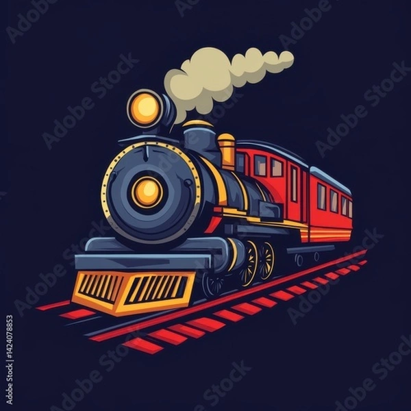 Obraz Colorful cartoon-style steam train on tracks with smoke puffs and bold contrast on a dark background.