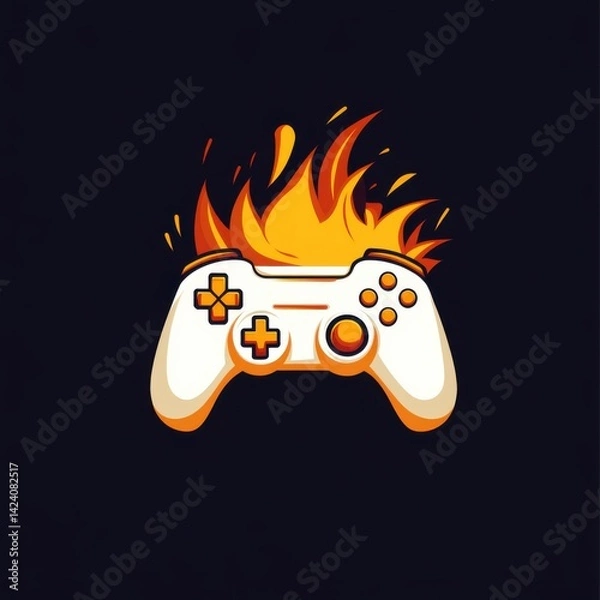 Obraz Gaming controller on fire symbolizing intense play in flat cartoon style