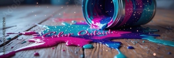 Fototapeta Spilled vibrant paint on wooden surface with text "Color Outside" emphasizing creativity and artistic expression