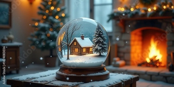 Obraz Festive snow globe with cozy cabin and snowy trees inside, placed on a table near a fireplace and Christmas decorations