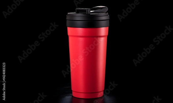 Fototapeta Red travel mug on a black background, showcasing its sleek design and modern features