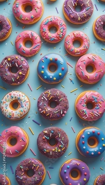 Obraz Colorful glazed donuts with sprinkles arranged on a vibrant blue background in a flat lay composition
