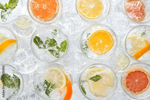 Fototapeta Refreshing assortment of citrus-infused drinks with mint on ice, perfect for summer gatherings