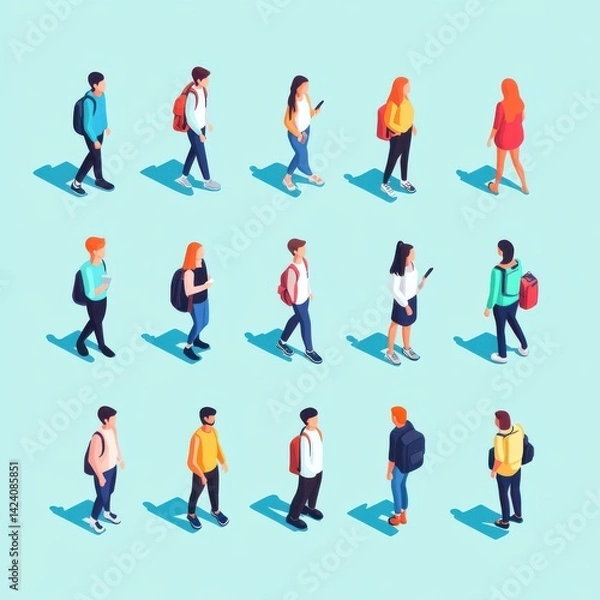 Fototapeta Isometric people walking and interacting with smartphones and backpacks