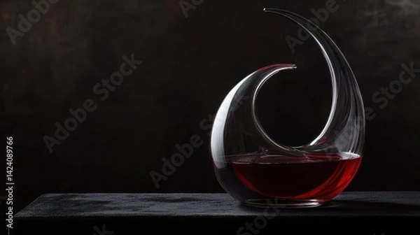 Fototapeta Sculptural glass wine decanter with crescent design filled with red wine on dark surface.
