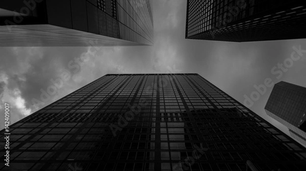 Fototapeta Bottom view at skyscrapers in black and white