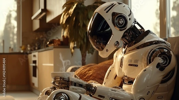 Fototapeta Futuristic Robot Enjoying Coffee at Home